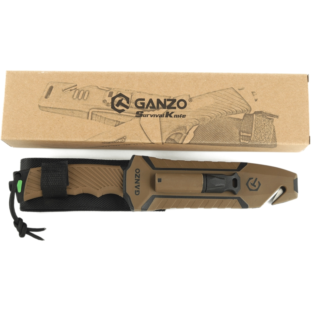 Нож Ganzo G8012V2 коричневый с паракордом и кресалом. Углеродистая сталь 8